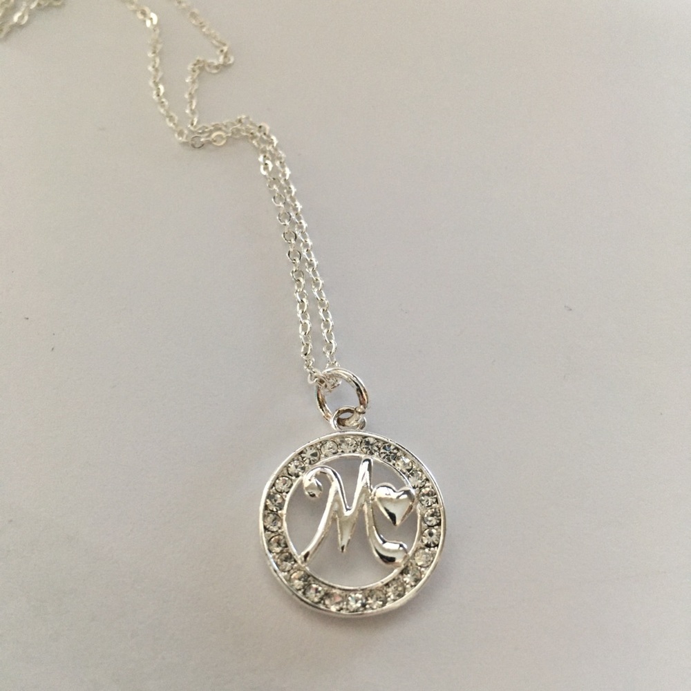 M initial necklace with heart and rhinestones